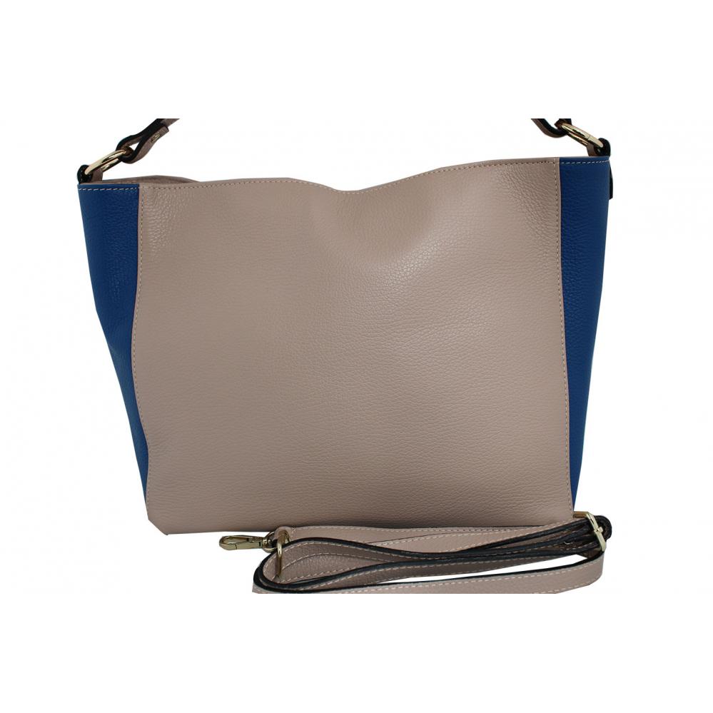 Дамска чанта от естествена кожа основен цвят пудра,комбиниран с кралско синьо