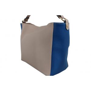 Дамска чанта от естествена кожа основен цвят пудра,комбиниран с кралско синьо