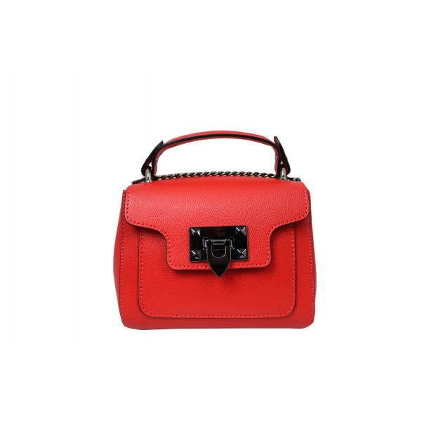 Кокетна малка дамска чанта от естествена кожа цвят червен