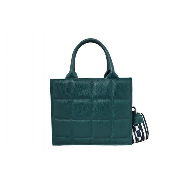 Дамска чанта от естествена кожа с капитониран дизайн цвят маслено зелен