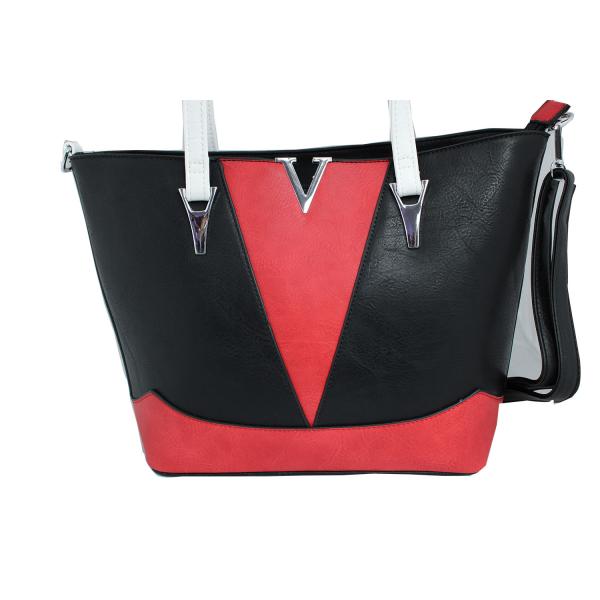 Дамска чанта от еко кожа цвят черен комбиниран с червено и бяло